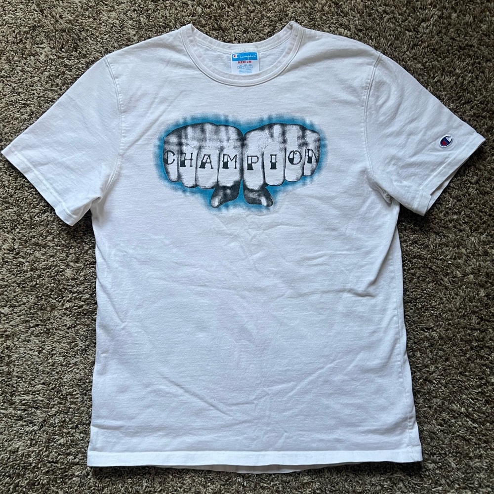 90s Vintage Men’s Champion T-Shirt Medium White Fists Logo Heavy Weight
